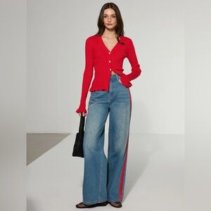 Contrast Side Striped Wide-Leg Jeans - Blue / M